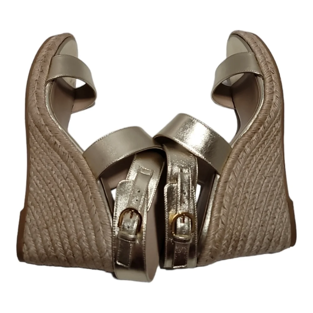 Stuart Weitzman Lexia Gold Metallic Leather Espadrille Buckle Wedges 10
